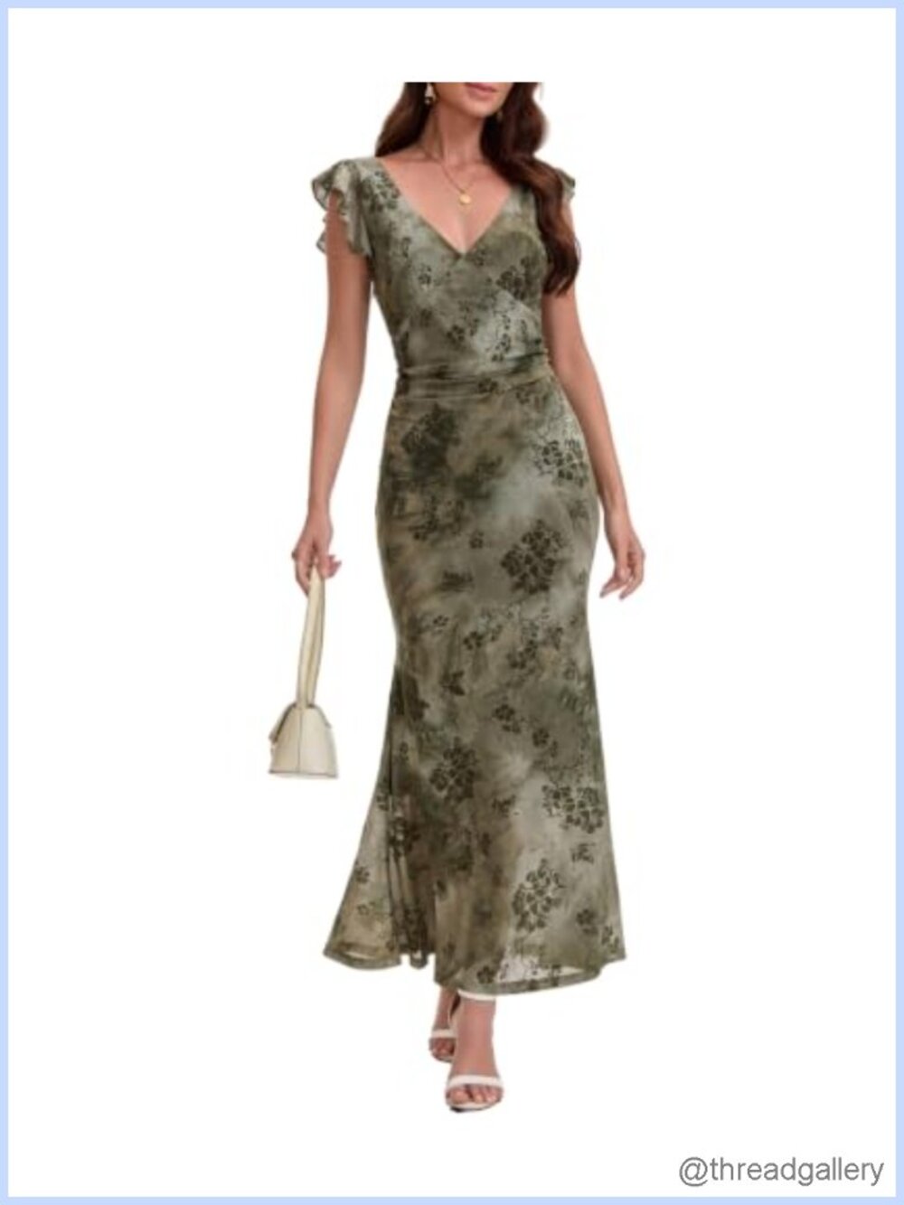 Sleeveless V Neck Floral Mesh Mermaid Maxi Wedding Guest Cocktail Dress